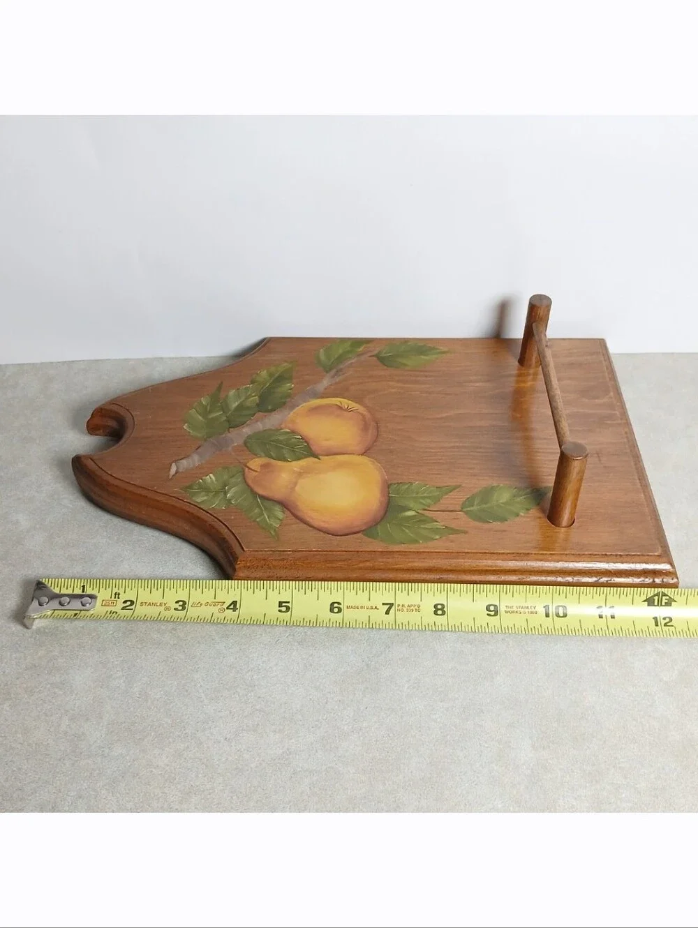 Vintage Folk Art Towel Holder Pear Painting Wood Cottagecore Wall Decor Plaque